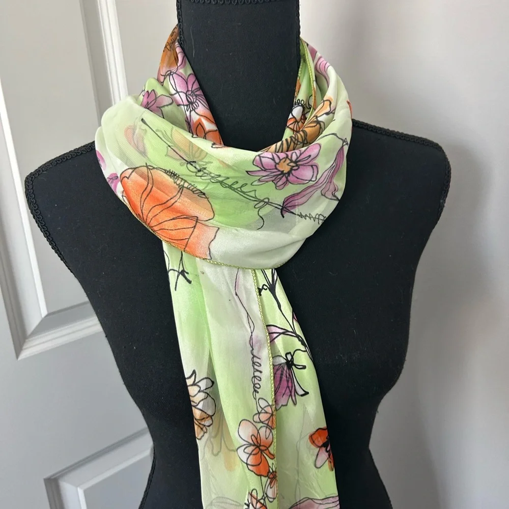 Spring hand-painted flower green scarf - Picture 1 of 6